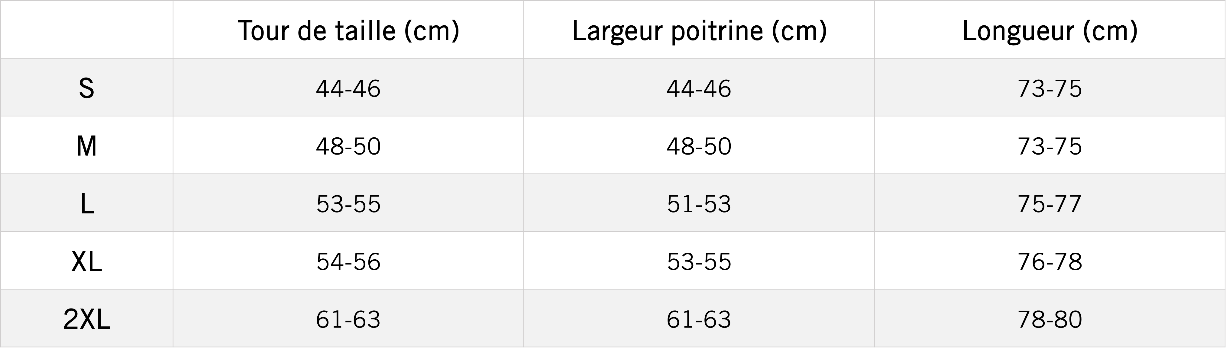 Tableau des mensurations du produit