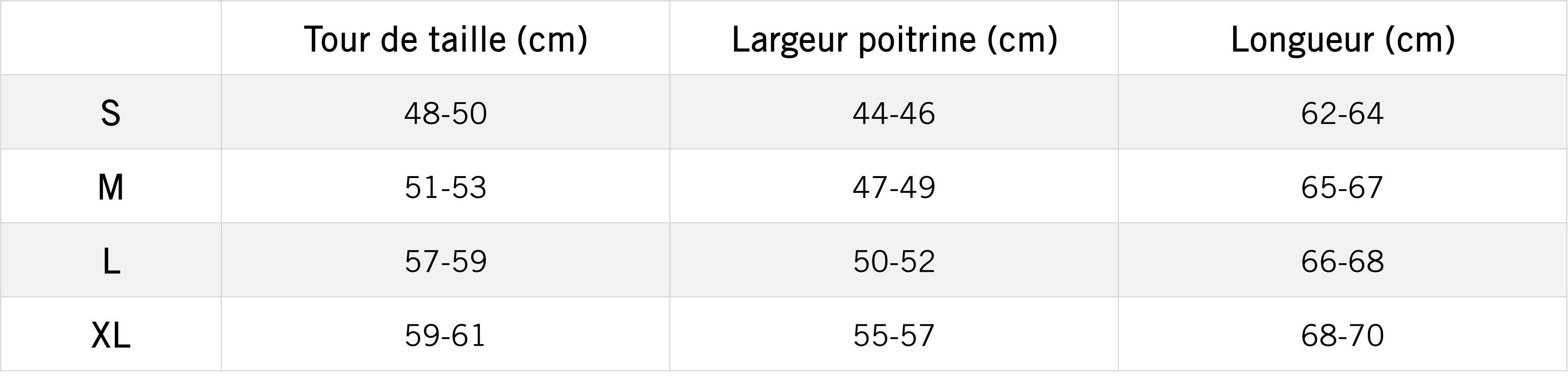Tableau des mensurations du produit