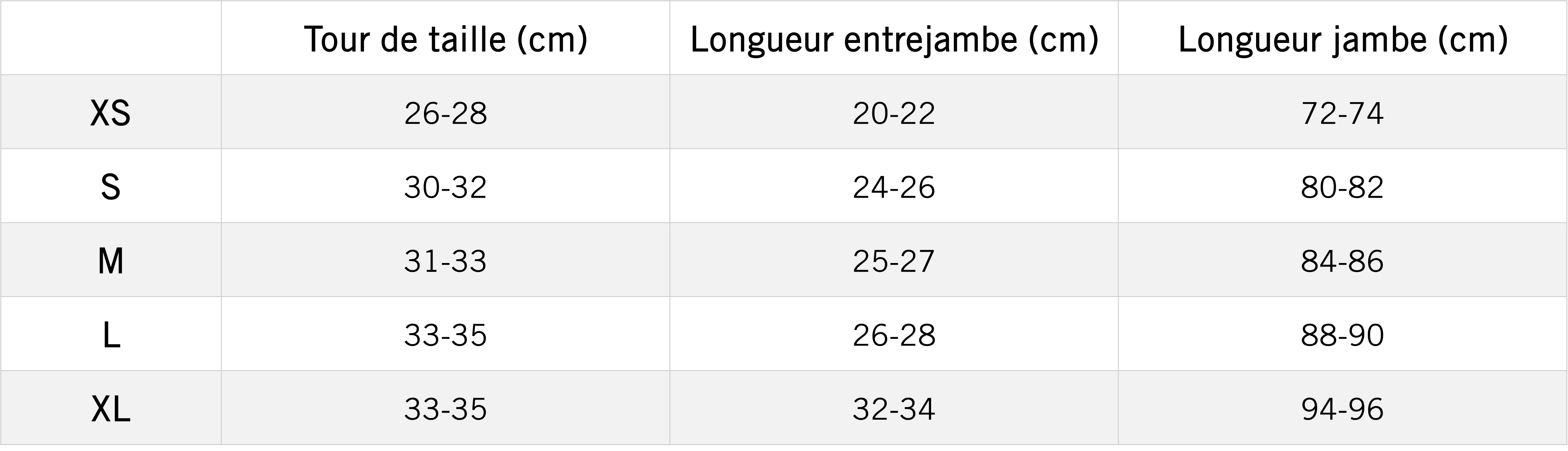 Tableau des mensurations du produit