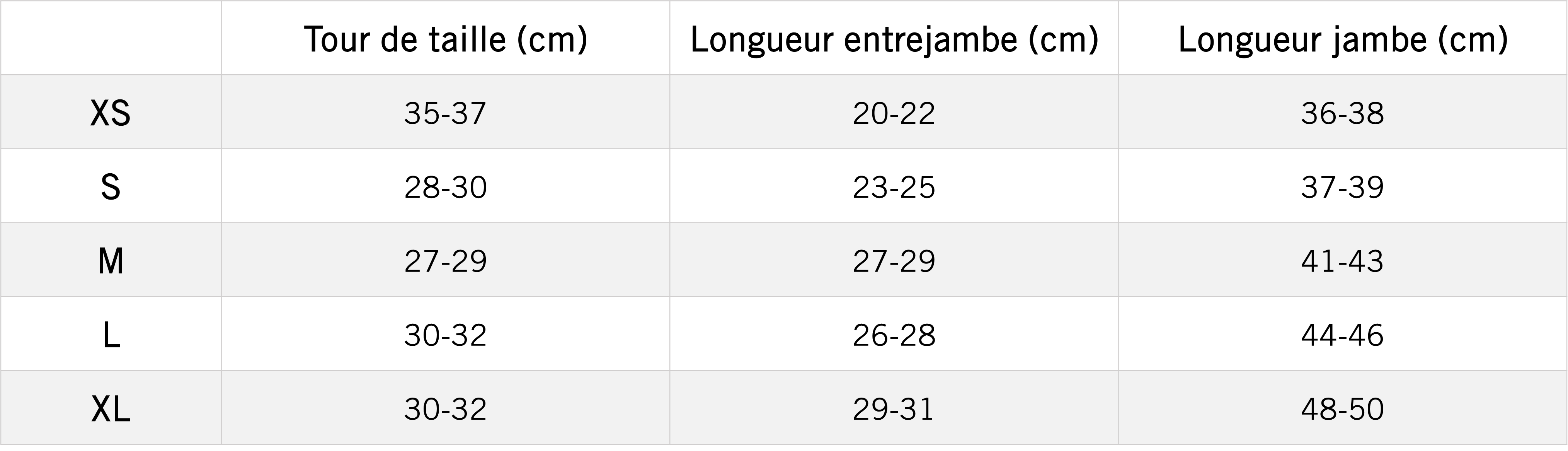 Tableau des mensurations du produit