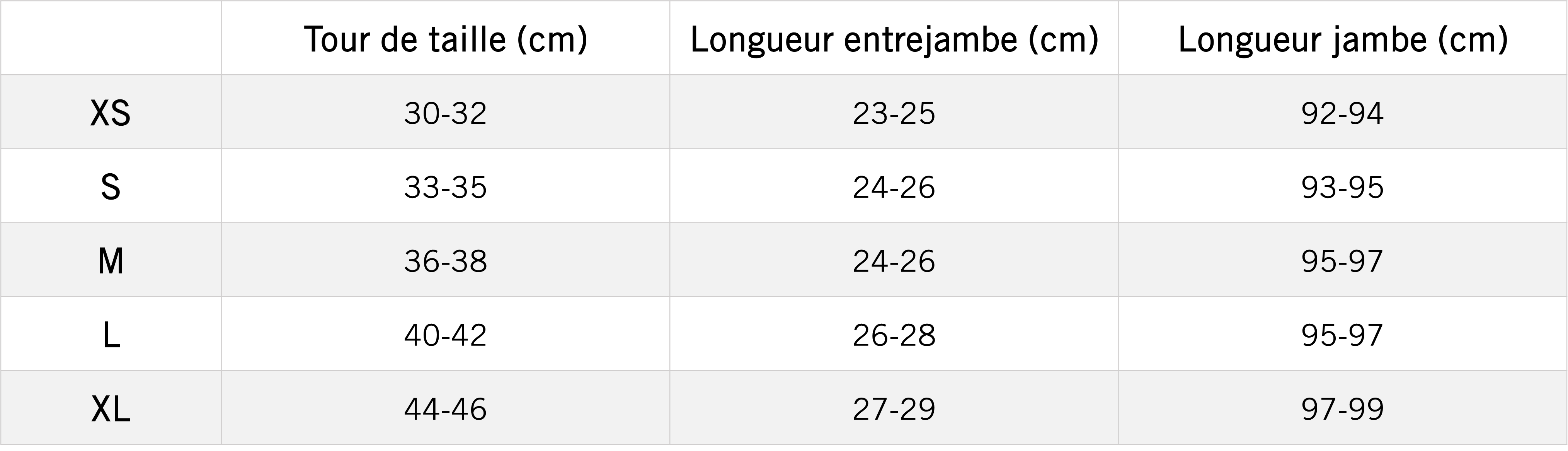 Tableau des mensurations du produit