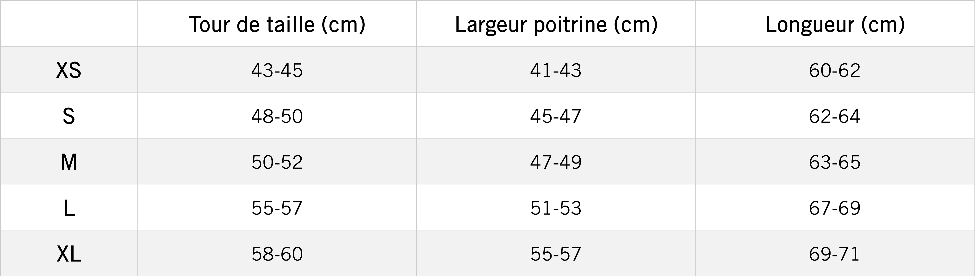 Tableau des mensurations du produit