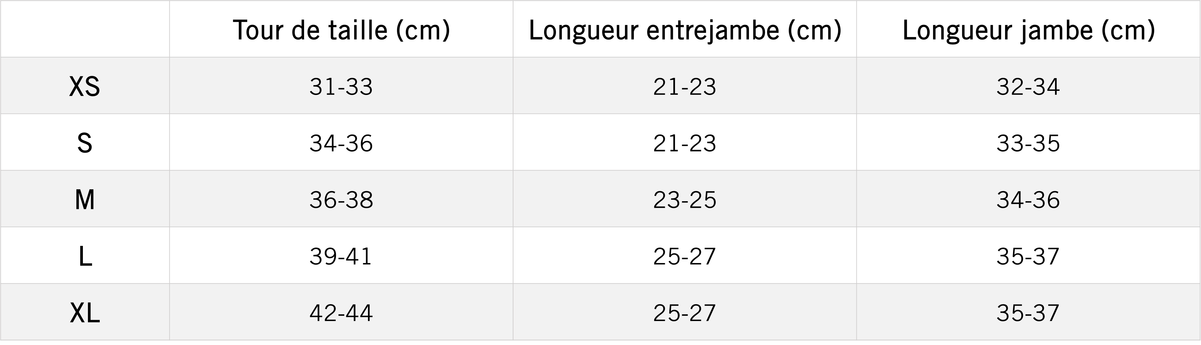 Tableau des mensurations du produit