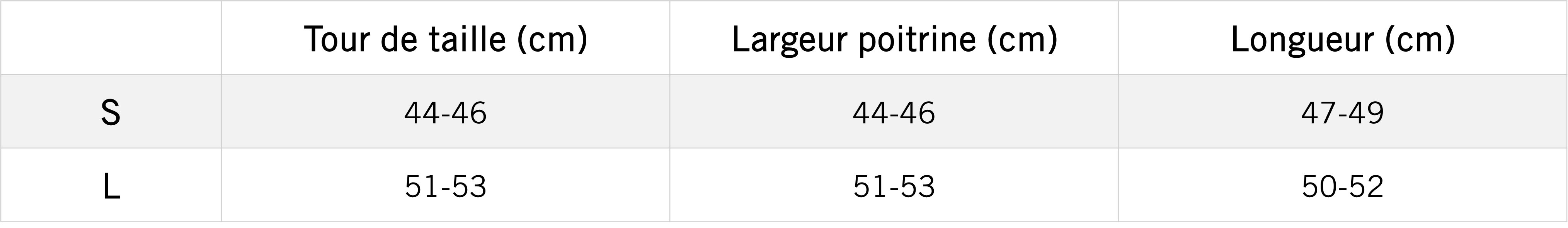 Tableau des mensurations du produit