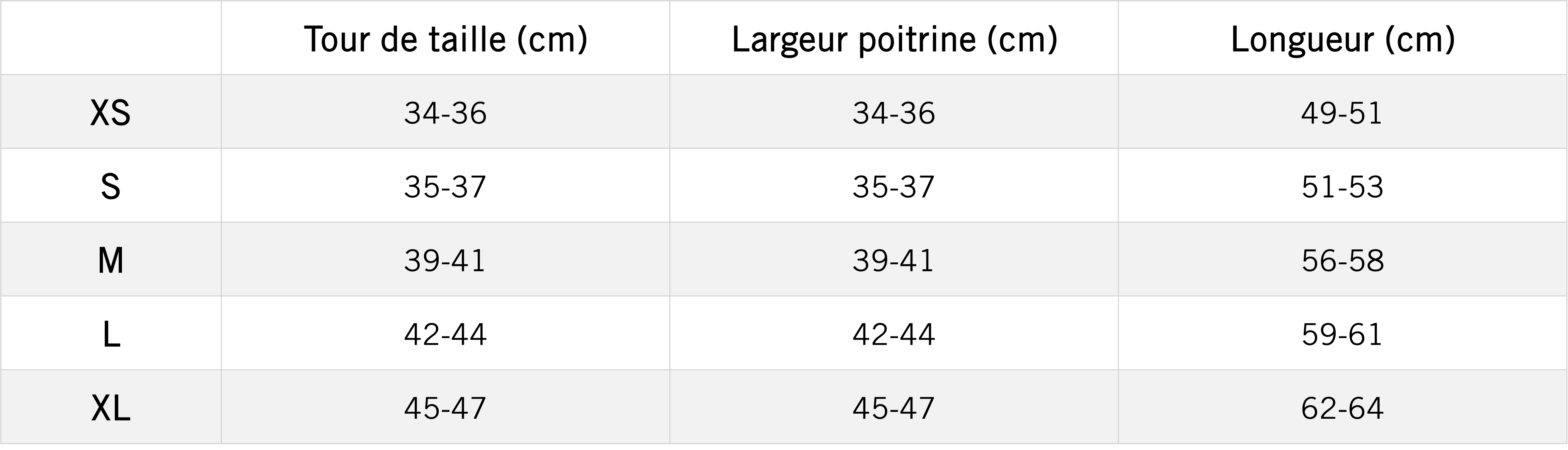 Tableau des mensurations du produit