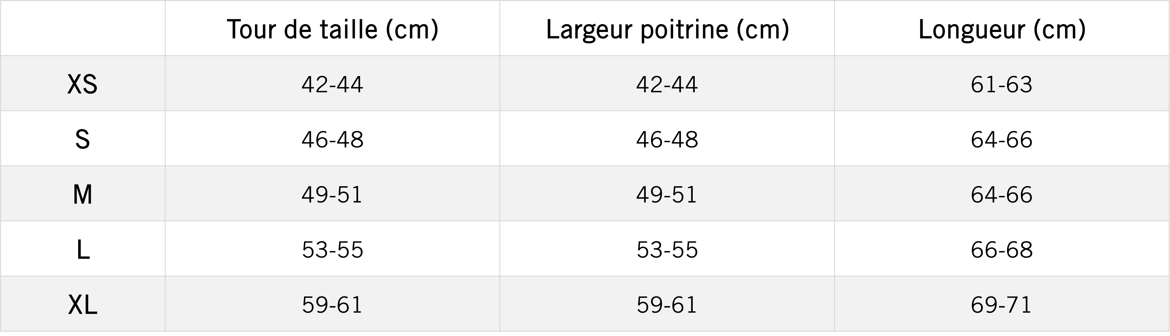 Tableau des mensurations du produit