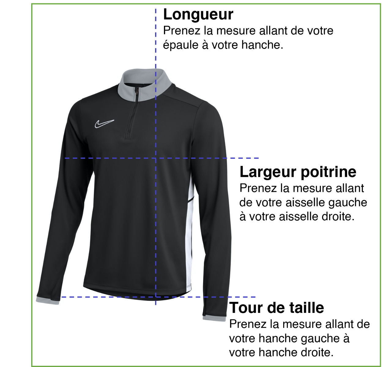 Tableau des mensurations du produit